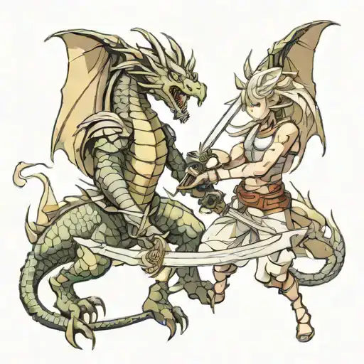 Dragon Fighting Along Side Lay Warrior Wielding Her Sword