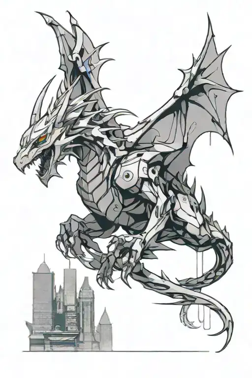 Create A Tattoo Design Of A Futuristic Anime Dragon Flying Through A Cyberpunk Cityscape