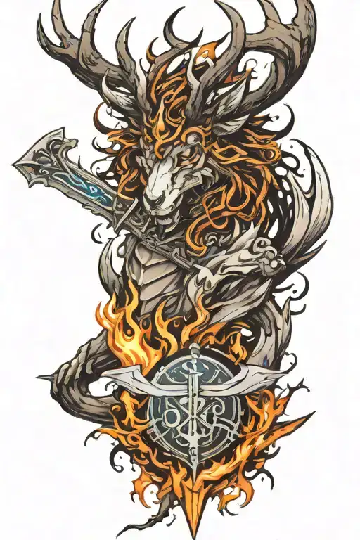 Stag With Fire Crown Sword 13 Dragons