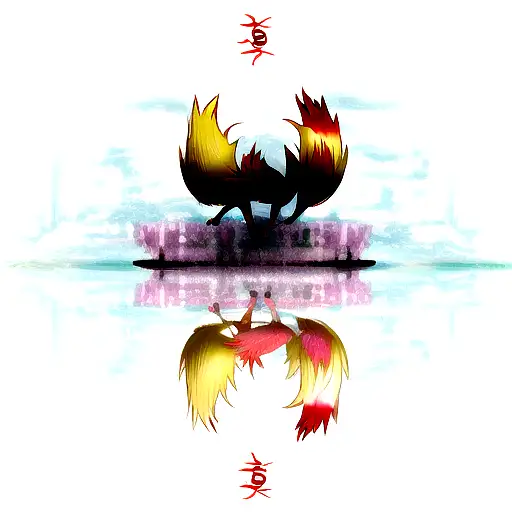 Young Nine Tailed Fox Looking At Its Reflection And Seeing An Older One