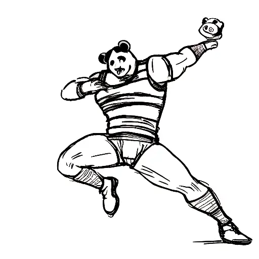 A Sketch-style Tattoo Of A Wrestler Performing A High-flying Move With A Panda Bear As The Referee