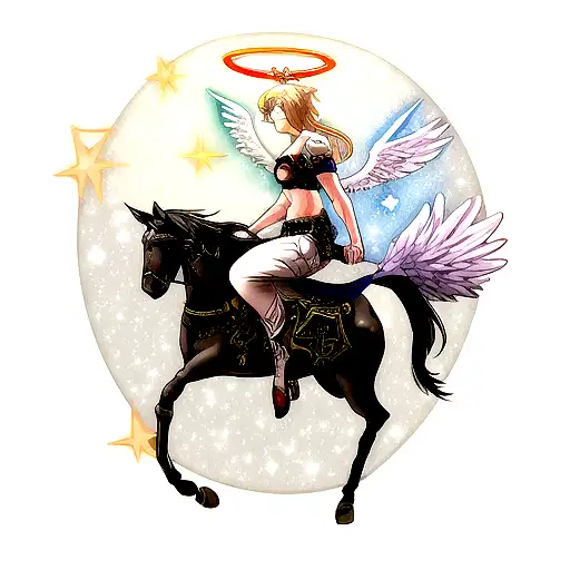 A Tattoo Of An Archangel Riding A Horse With A Halo Made Of Stars