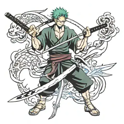 Face Roronoa Zoro With 3 Of His Swords And A Dragon