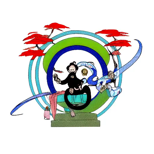 Monkey And Japanese Garden Inside Blue Ouroboros Snake