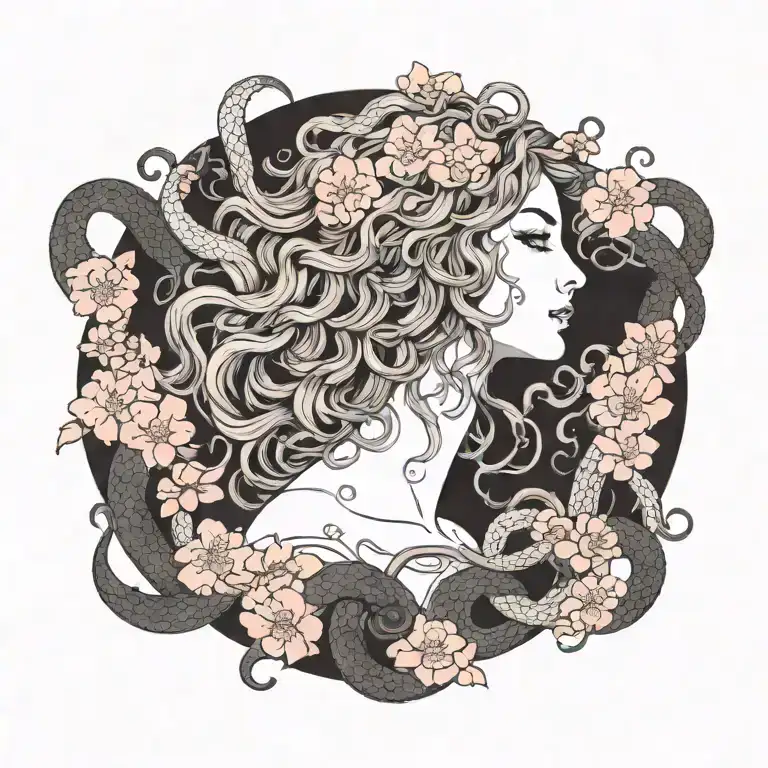 Greek Mythology Medusa With Snakes In The Hair And Sakura Blooming In Background