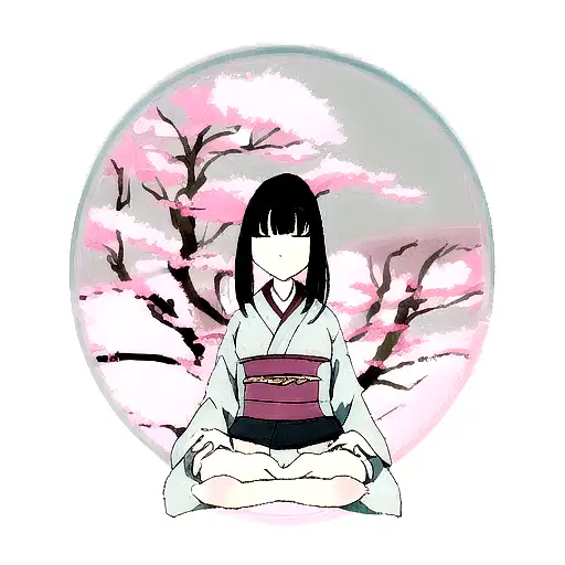A Serene Japanese Woman Meditating Under A Cherry Blossom Tree Surrounded By Floating Chakra Symbols