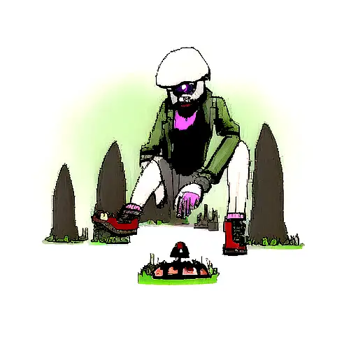 Cyberpunk Edgerunner Kneeling In Front Of Dead Mushroom Person From Annhilation Movie