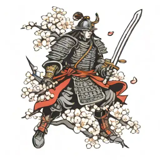 Japanese Samurai Warrior With Armor And Sword Surrounded By Cherry Blossoms