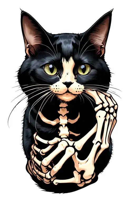 Black Cat Being Pet By Skeleton Hand