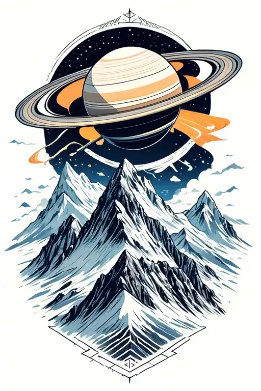 Forming Saturn On Top Of A Mountain Peak Surrounded With Patterns