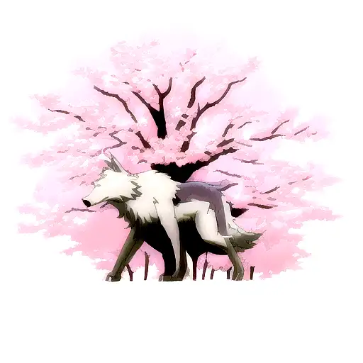 A Majestic Wolf Surrounded By Cherry Blossom Trees In An Anime-inspired Fantasy Setting
