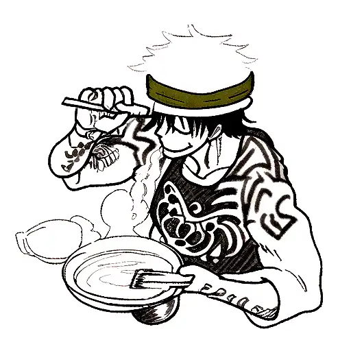 A Detailed Blackwork Tattoo Of Luffy From One Piece Cooking A Delicious Meal In A Forest Setting