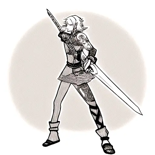 A Blackwork Tattoo Design Featuring A Series-inspired Character Wielding A Sword