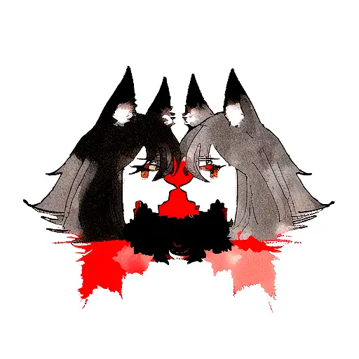 Two Wolves Facing Opposite Sides In Black And Red