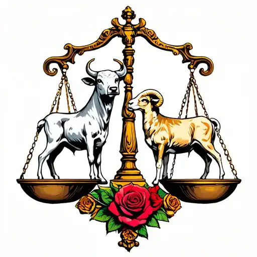 Ancient Balance Scale Holding A Bull On One Side And A Ram On The Other While Roses Sit At The Base