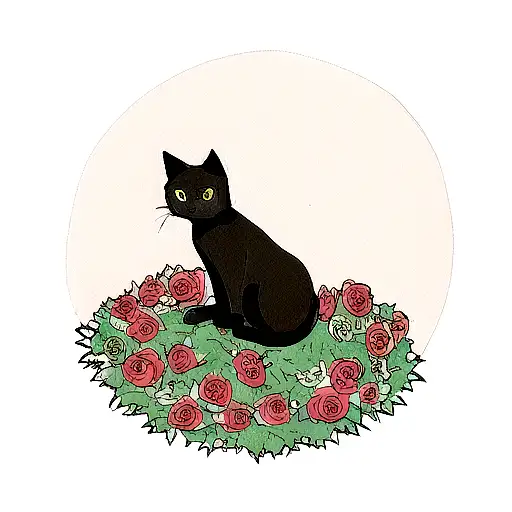 A Tattoo Of A Black Cat Sitting On A Bed Of Roses With A Full Moon In The Background