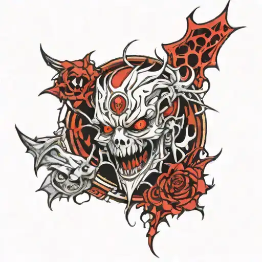 Manga Style Tattoo Featuring Scary Elements And The Color Red