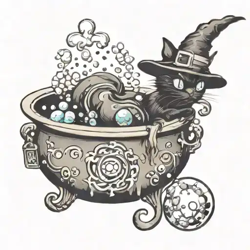 Witch Cauldron With Bubbles Black Cat Girly