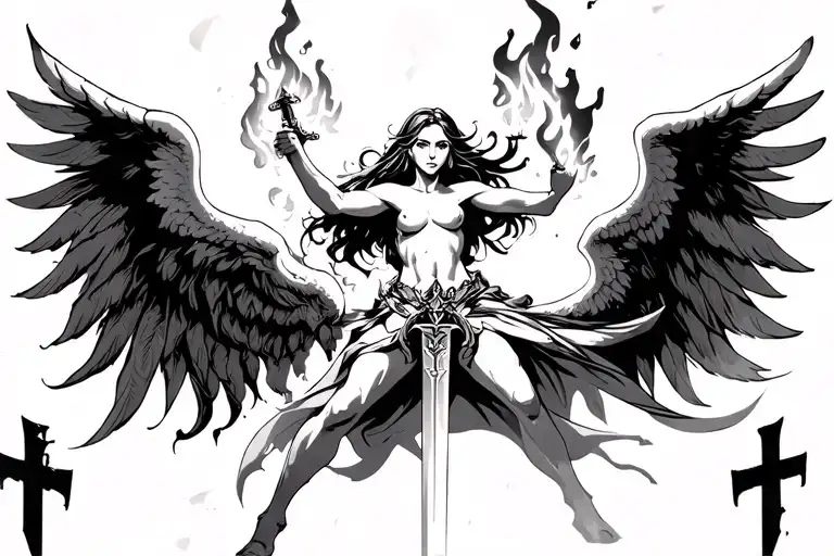 Angel Holding Back Demons With Flaming Sword Protecting Humans Under Them