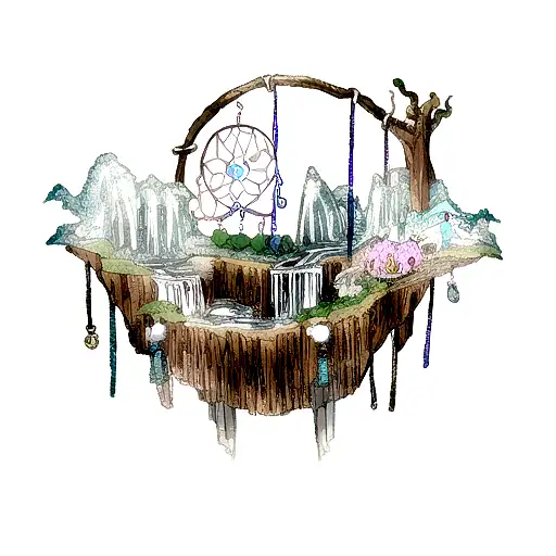 Dream Catcher With An Owl On The Left And A Wolf On The Right And A Waterfall In The Background