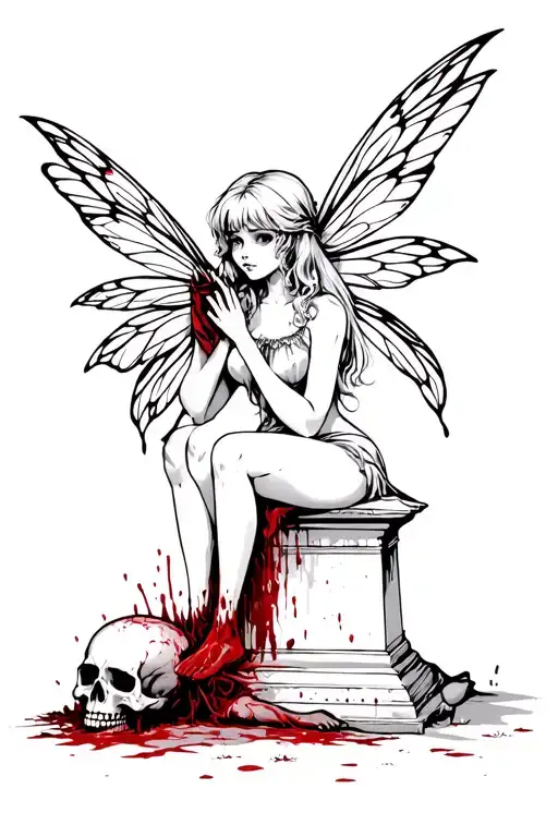 Fairy Sitting On A Tombstone Holding A Bloody Skull With A Headless Corpse On Ground