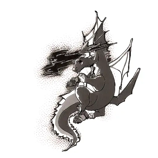 An Intricate Dotwork Tattoo Of A Charizard Breathing Fire