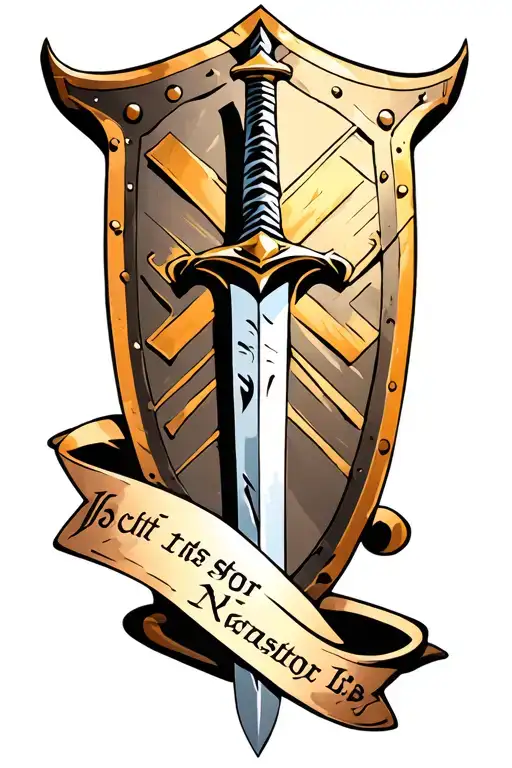 Sword Going Through Shield With Banner At The Bottom