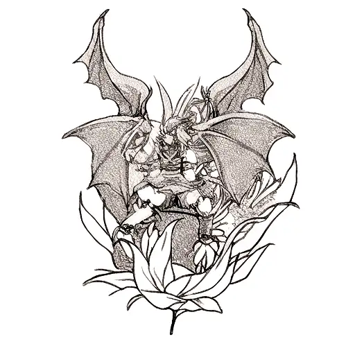Dragon Flash With Some Flowers Few Detail Tattoo