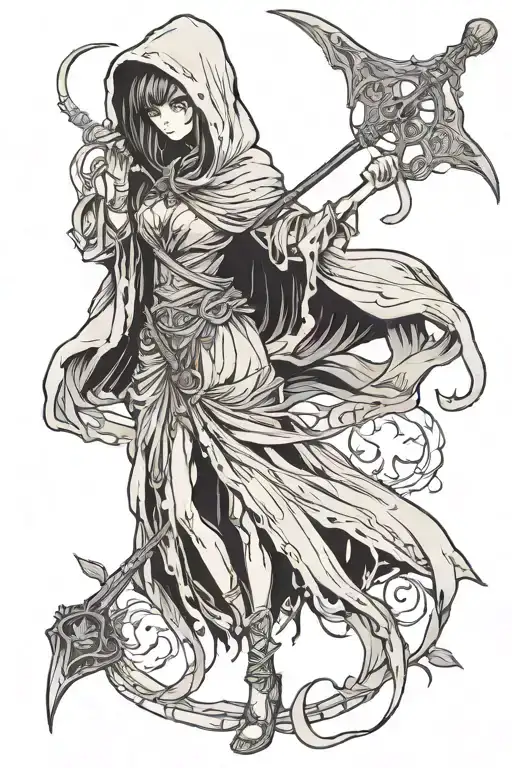 Hooded Grim Reaper Girl Holding Scythe