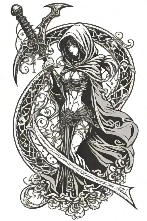 Hooded Grim Reaper Girl Holding Scythe