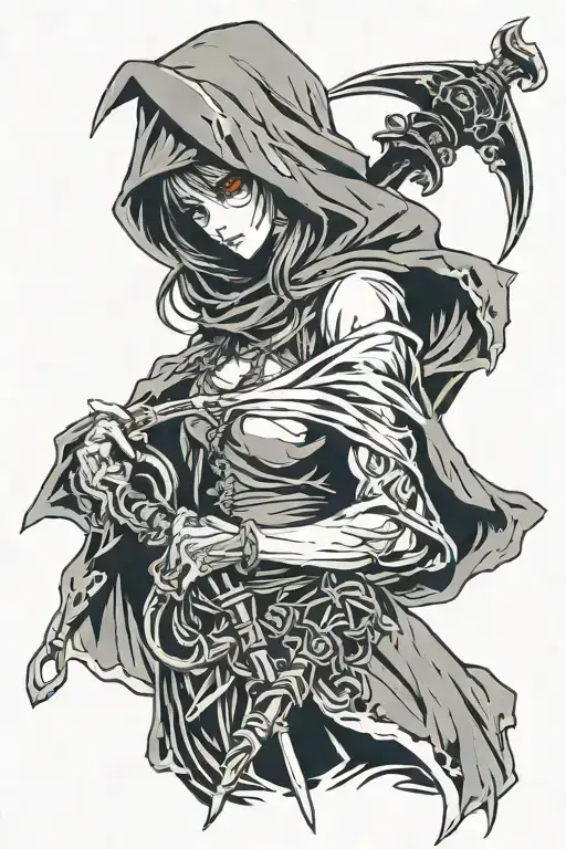 Hooded Grim Reaper Girl Holding Scythe