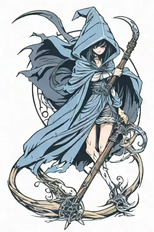 Hooded Grim Reaper Girl Holding Scythe