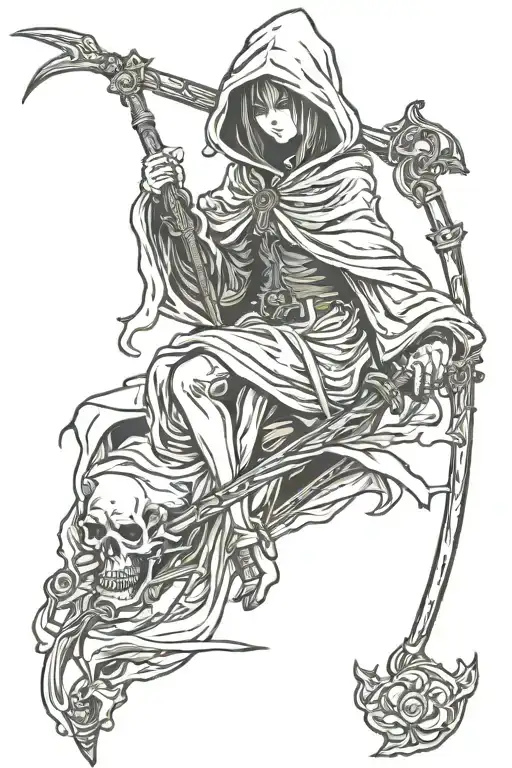 Hooded Grim Reaper Girl Holding Scythe