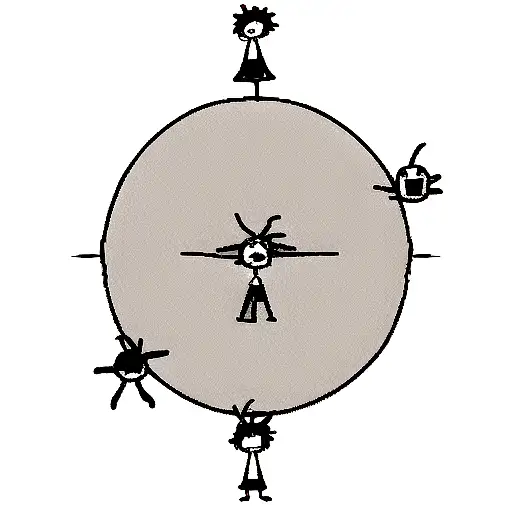 Miniature Stick Figure Characters Standing In A Circle Around A Very Large Burning Sun