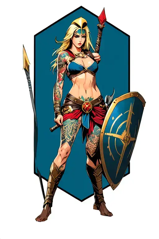 Ares As A Female Spartan With Spear And Shield Adorned