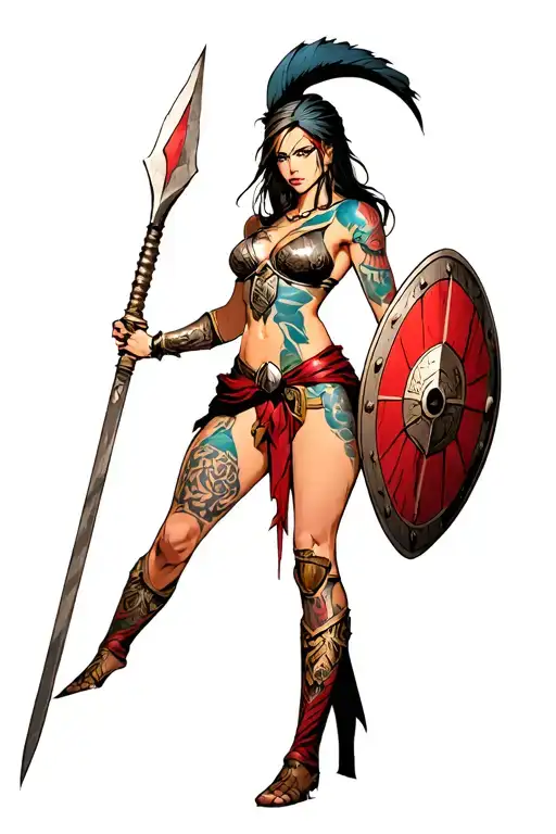 Ares As A Female Spartan With Spear And Shield Adorned