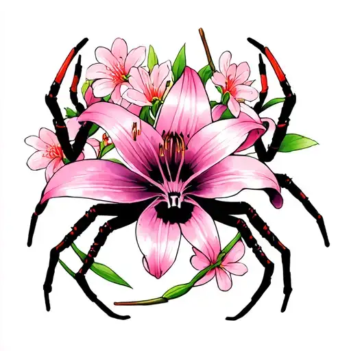 Spider Lily Intertwined With Sakura Flowers