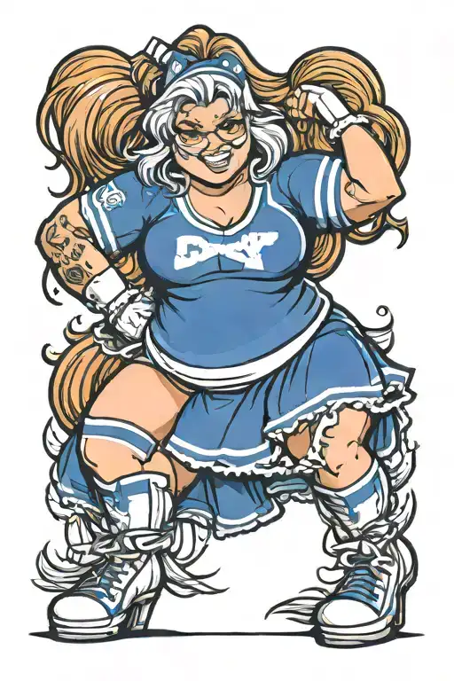 A Very Fat Cheerleader Posing With Cartoon And Dallas Cowboys Cheerleader Outfit