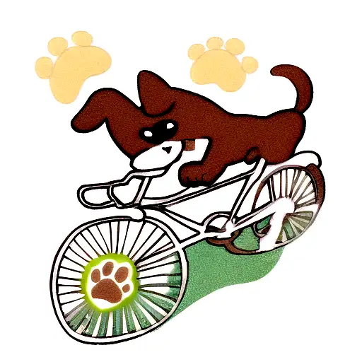 A Dog Riding A Bike With A Trail Of Paw Prints Forming The Shape Of Dollar Signs