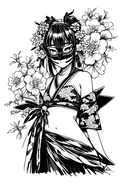 Sketch In Black Contour With A Girl In A Japanese Mask
