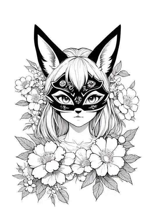 Contour Black And White Sketch Of A Girl In A Japanese Fox Mask Surrounded By Flowers