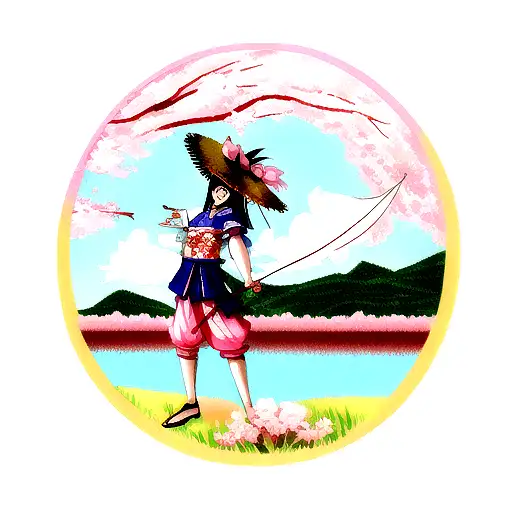 Samurai With Straw Hat And Bow And Arrow Weapon Next To Cherry Blossom And Lake