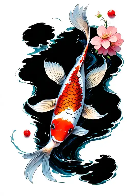 Koi Fish Swimming With Floating Cherry Blossoms