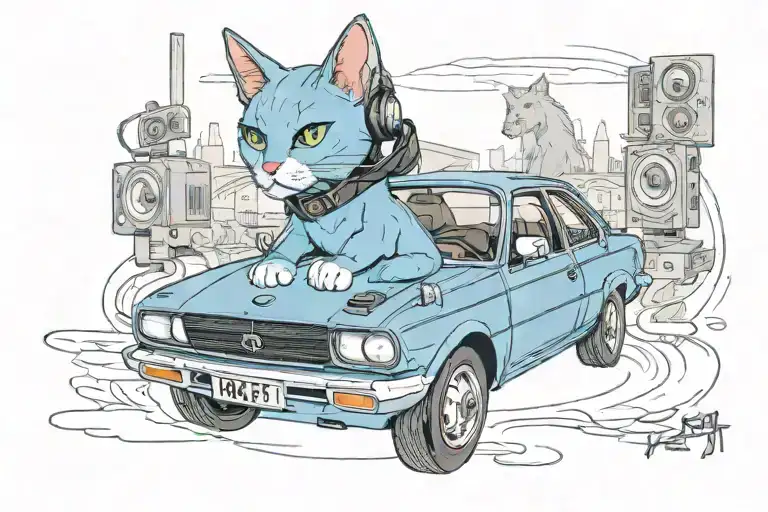 A Russian Blue Cat Wearing Headphones And Driving A Ford Xr8 Car