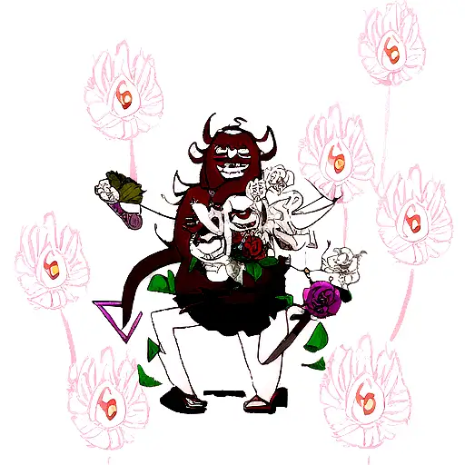 Woman With Oni Mask Breaking The Mask Flowers And A Demon Behind