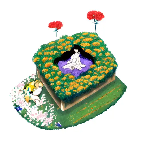 A Bed Of Flowers Below A Moon And Lion