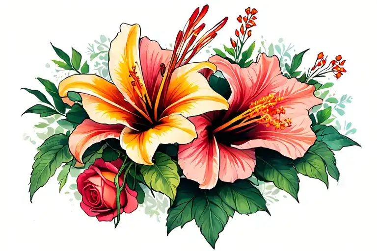 Tiger Lilly's With Roses Mayflowers Hibiscus