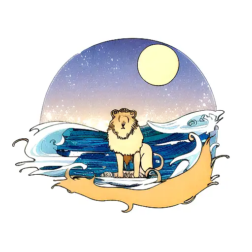 Lion With A Moon In The Background And Waves Below