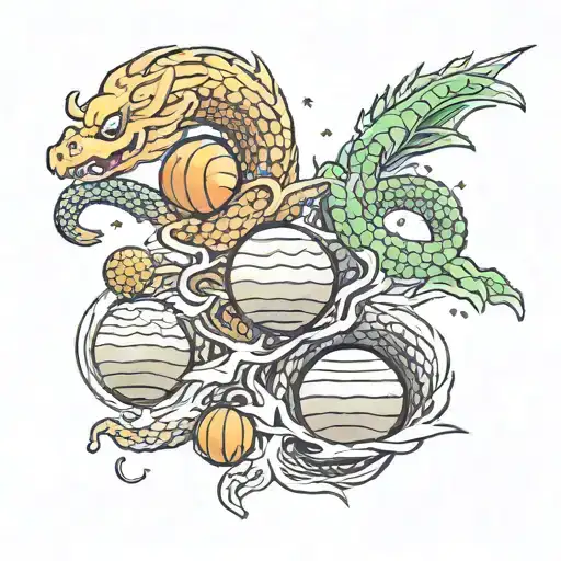 The Five Dragon Balls Floating With Shenron Flying Through Them