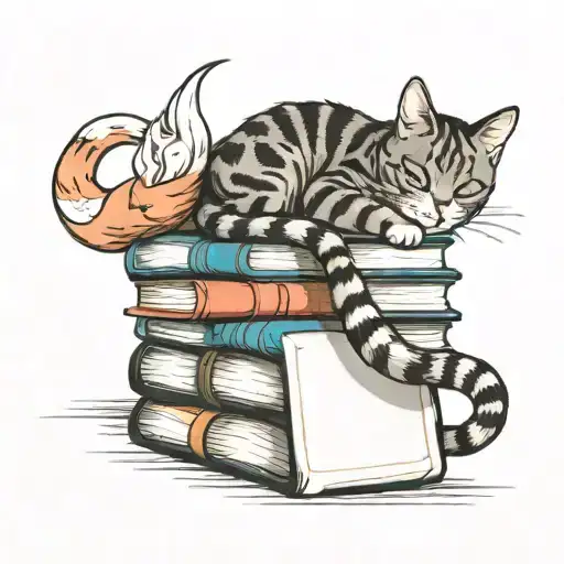 Cat Asleep On Stack Of Books Surrounded